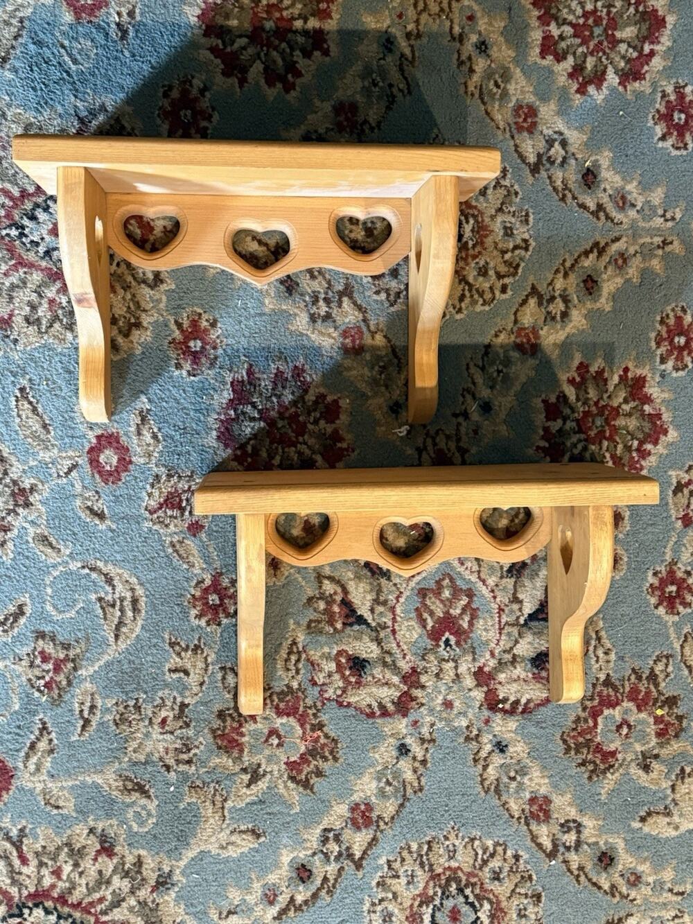 Pair Of Vintage Solid Wood Wall Shelf 5 Heart Cutouts Country Cottage 12x5x7